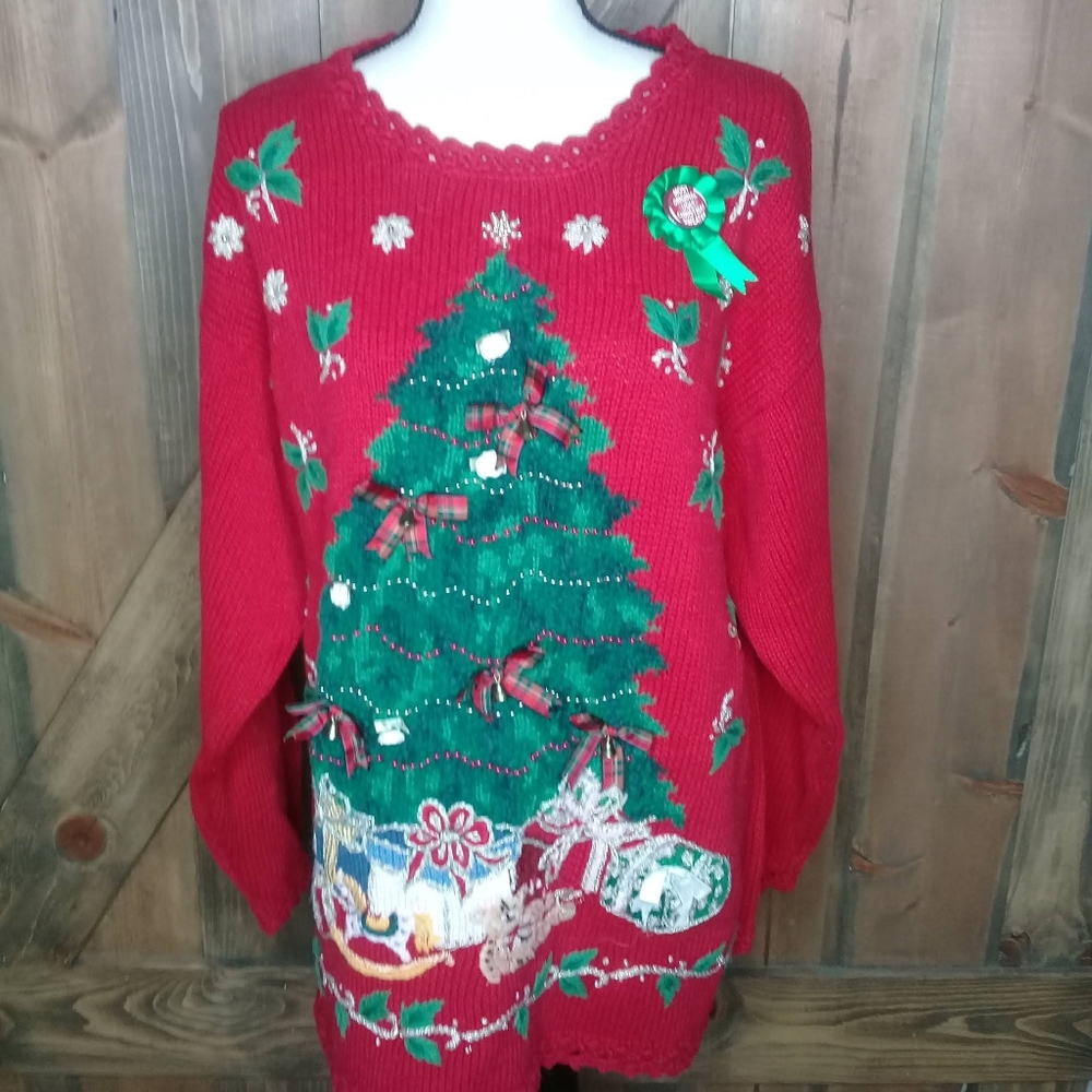 Vintage Christmas Red 3-D Embellished Thick Ugly Granny Tight Knit Sweater Sz 22